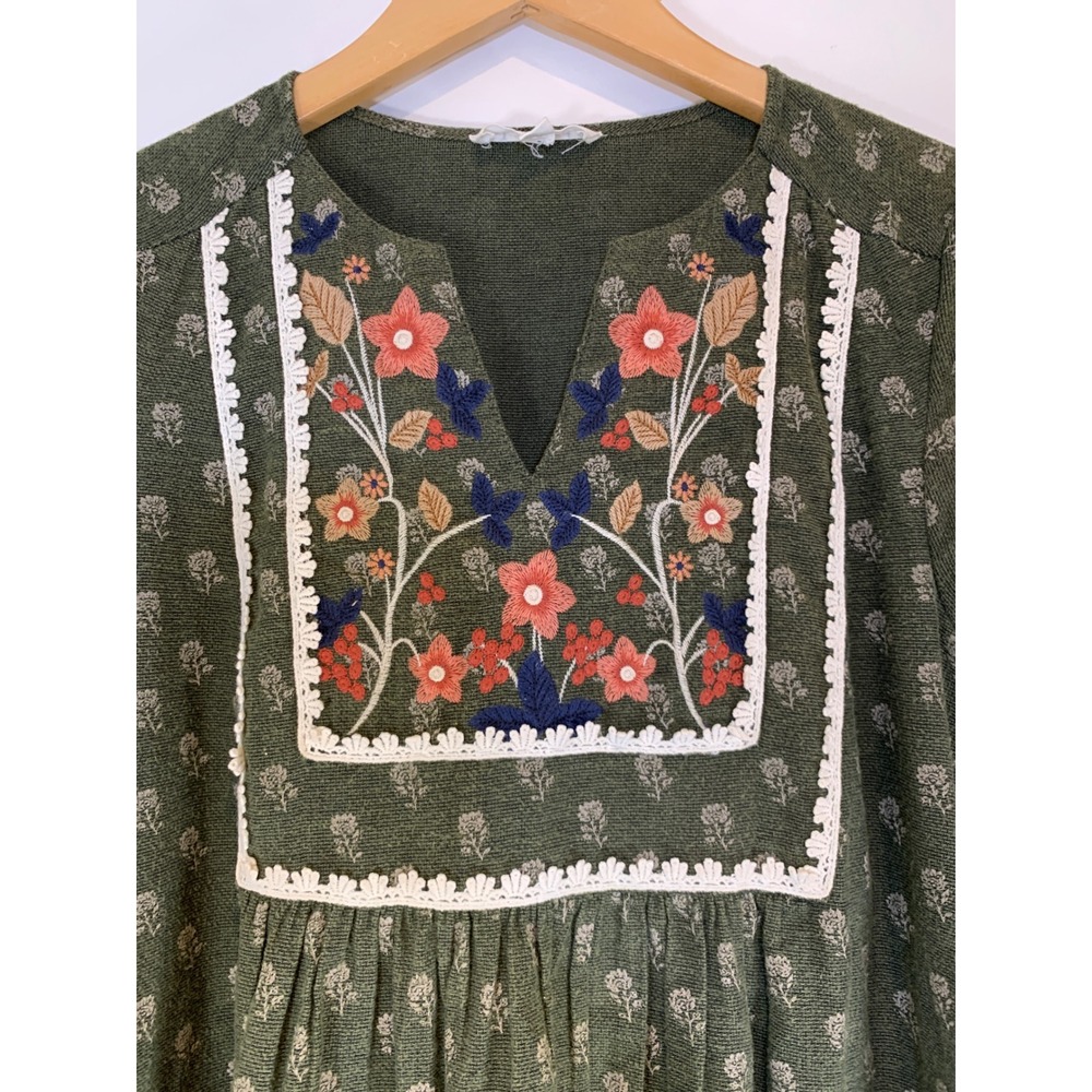 THML Embroidered Floral Shift Dress Medium Cotton Linen Boho Cottagecore Women - Picture 2 of 8